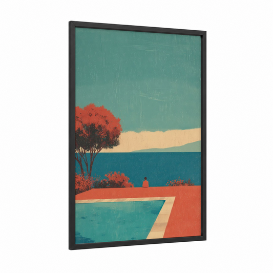 Poolside Serenity framed swimming print — black wood frame — teal and russet palette