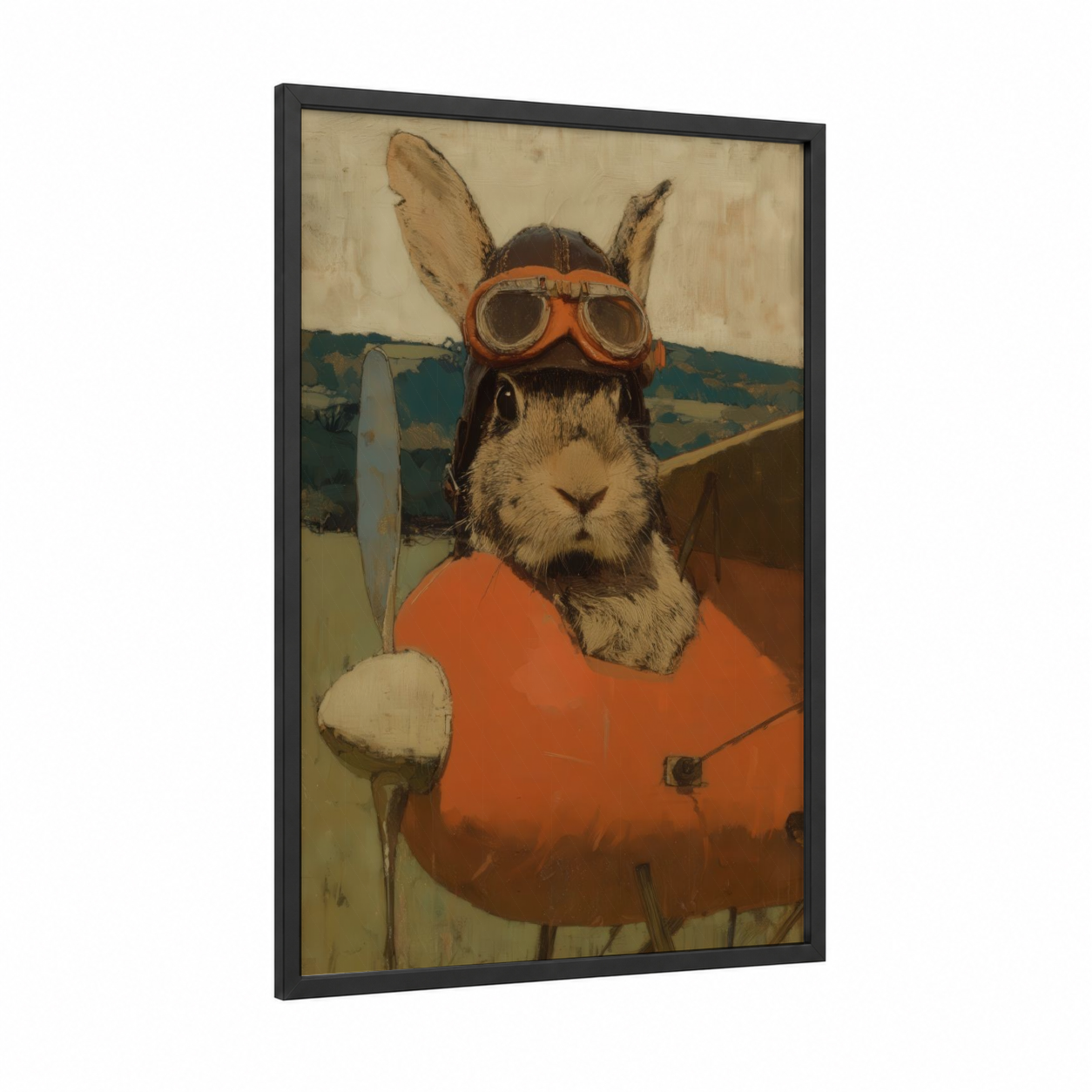 Aviator Rabbit framed art print — black wood frame — beige palette
