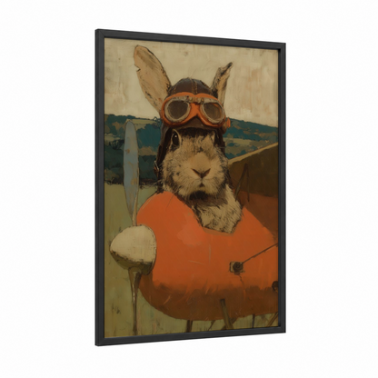 Aviator Rabbit framed art print — black wood frame — beige palette