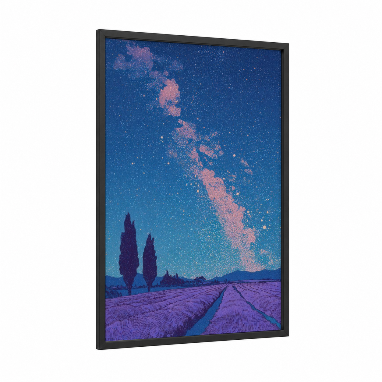 Lavender Milky Way framed art print — black wood frame — royal blue and purple palette