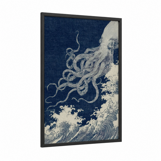 Oceanic Squid framed art print — black wood frame — blue and white palette