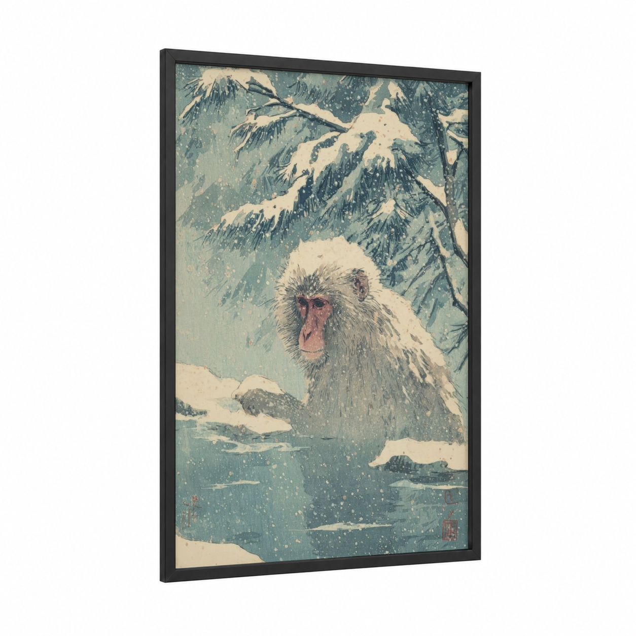 Snowy Monkey framed art print — black wood frame — teal and cream palette