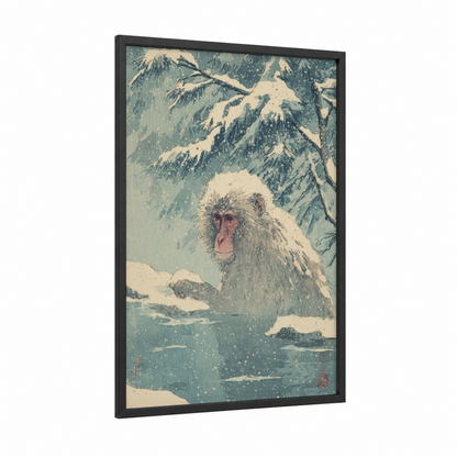 Snowy Monkey framed art print — black wood frame — teal and cream palette