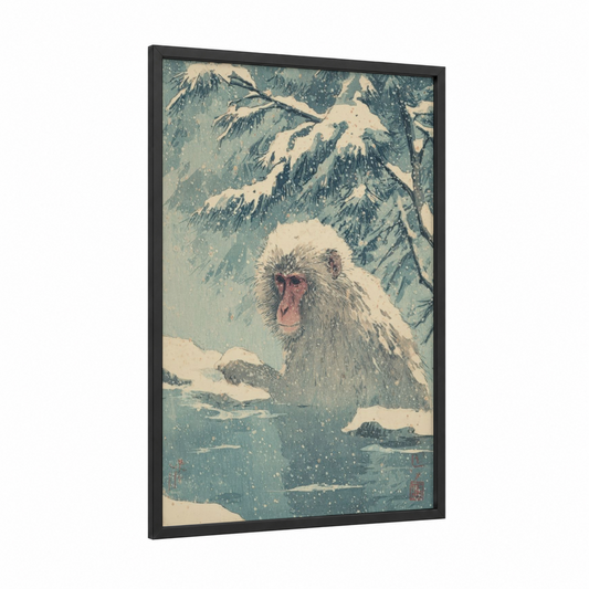Snowy Monkey framed art print — black wood frame — teal and cream palette