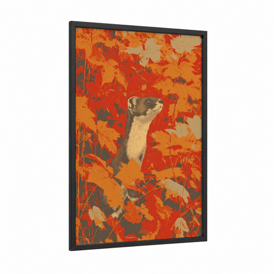 Autumn Weasel framed art print — black wood frame — red and orange palette