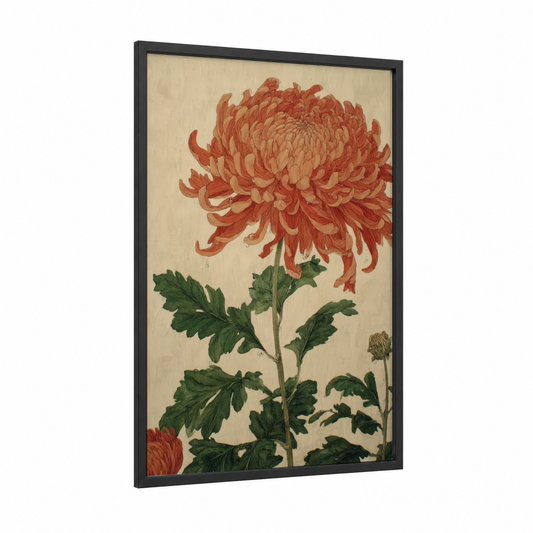 Coral Chrysanthemum framed art print — black wood frame — cream and russet palette