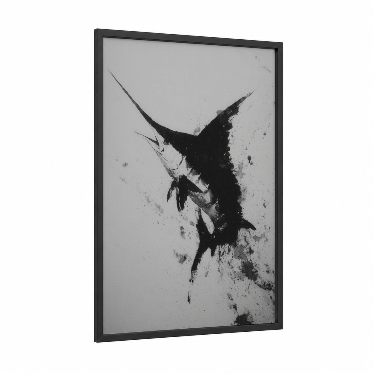 Dynamic Sailfish framed art print — black wood frame — black and white palette