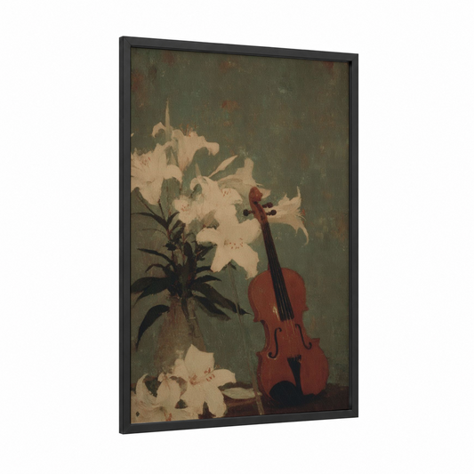 Violin & Lilies framed art print — black wood frame — dark green and cream palette