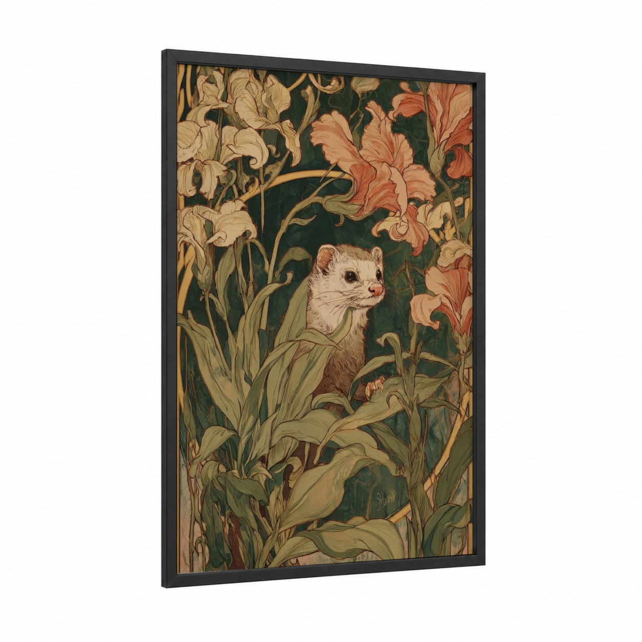 Woodland Weasel framed art print — black wood frame — peach and dark green palette