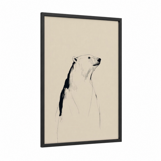 Upright Polar Bear framed art print — black wood frame — cream and black and white palette