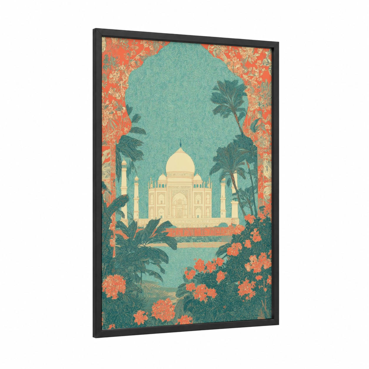 Taj Mahal Garden framed art print — black wood frame — turquoise and pumpkin palette