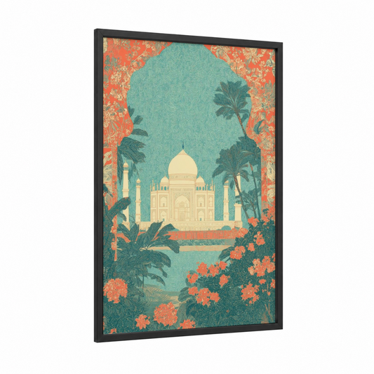 Taj Mahal Garden framed art print — black wood frame — turquoise and pumpkin palette