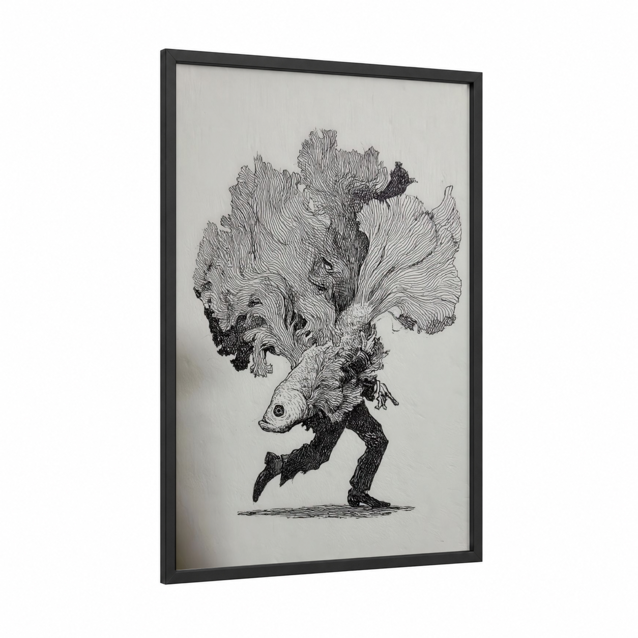 Dancing Betta framed fighting fish print — black wood frame — black and white palette