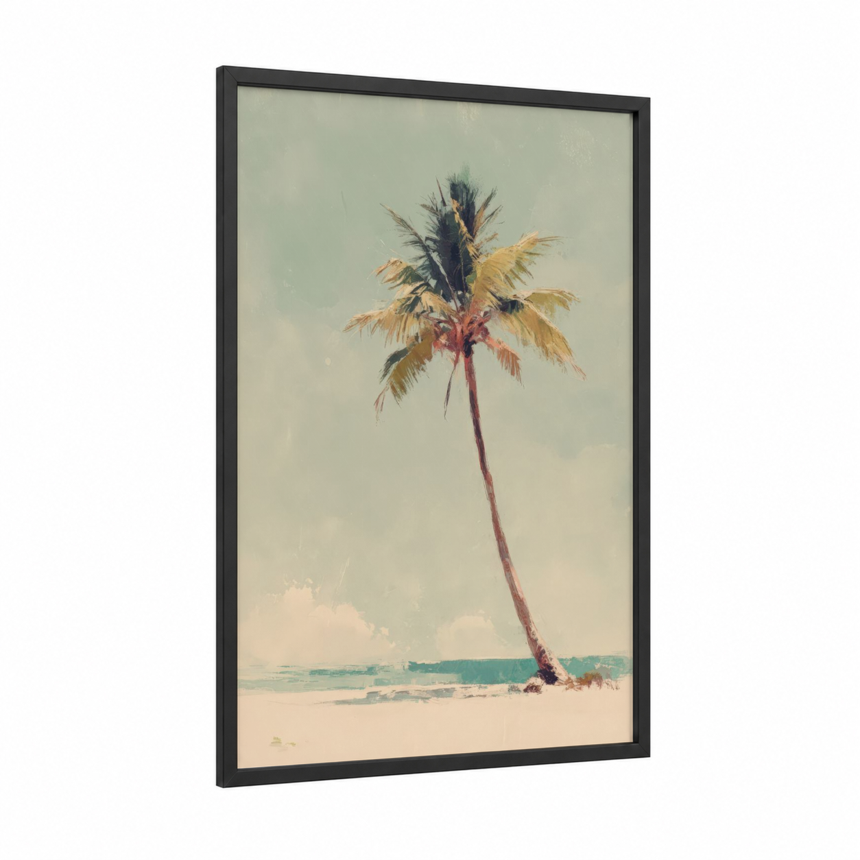 Solitary Beach Palm framed palm tree print — black wood frame — light green and cream palette