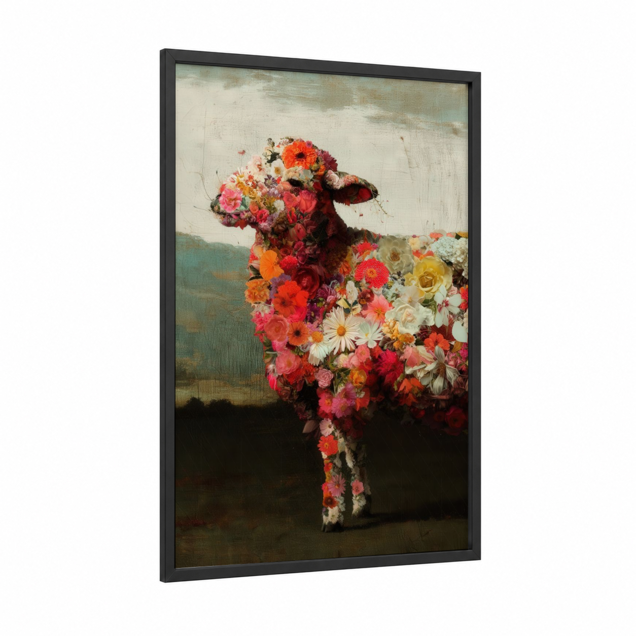 Floral Sheep framed art print — black wood frame — red and cream palette