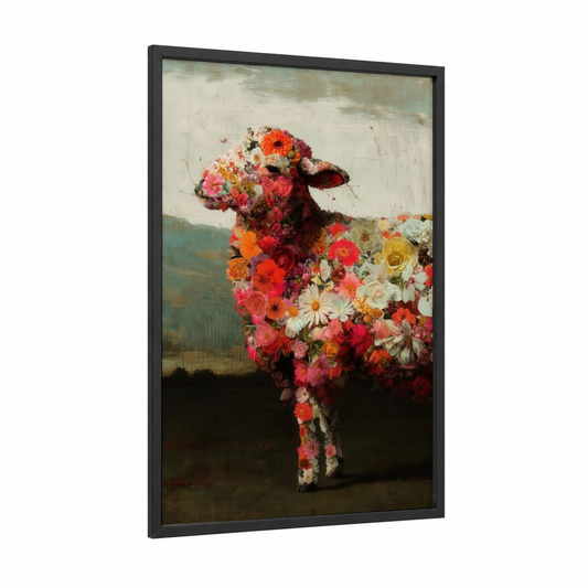 Floral Sheep framed art print — black wood frame — red and cream palette
