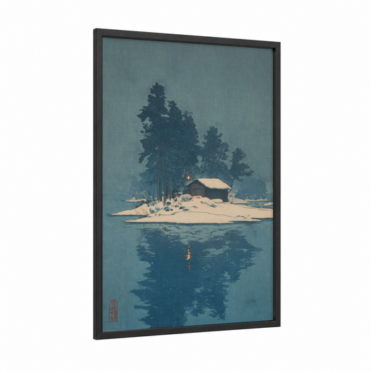 Snowy Island Refuge framed art print — black wood frame — blue and cream palette
