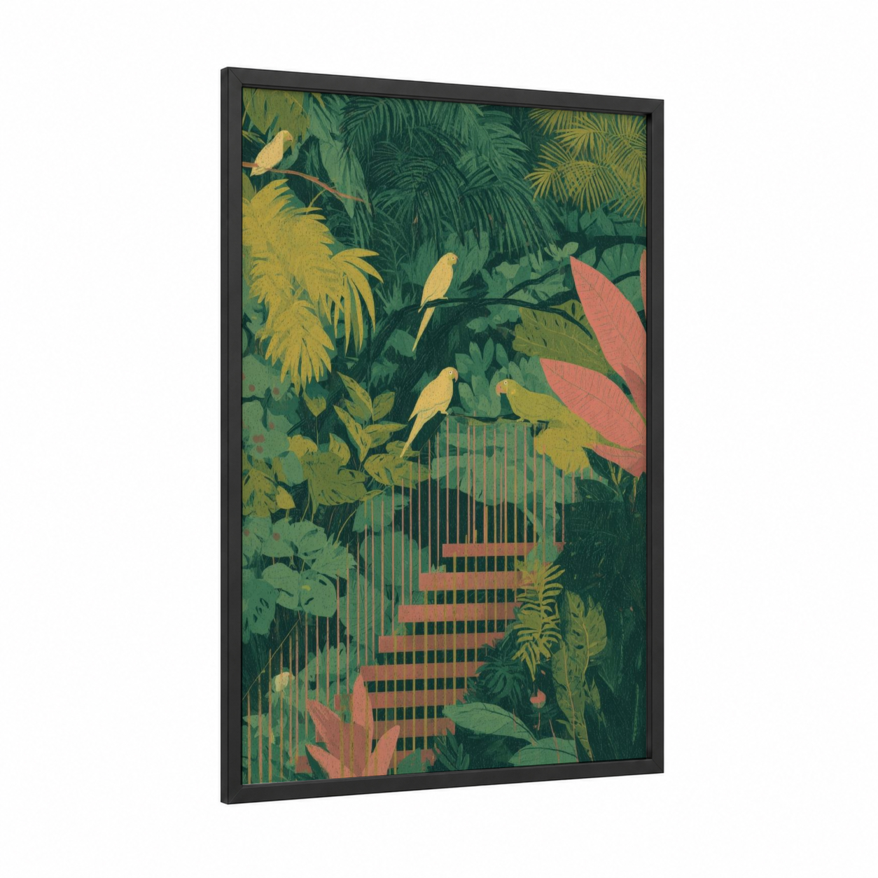 Jungle Staircase framed art print — black wood frame — dark green and gold palette