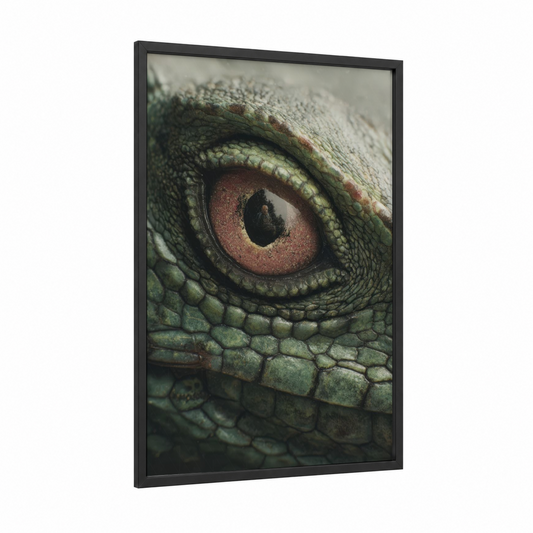 Emerald Basilisk framed art print — black wood frame — true green and russet palette