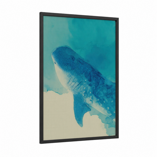 Ethereal Whale Shark framed art print — black wood frame — teal and cream palette