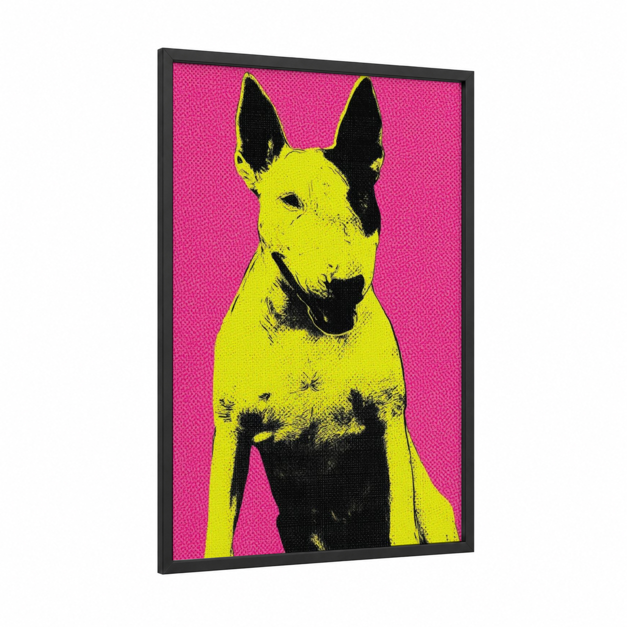 Neon Terrier framed art print — black wood frame — magenta and yellow gold palette