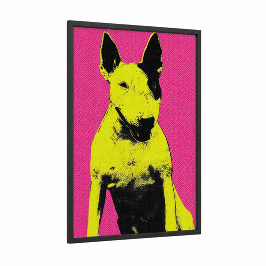 Neon Terrier framed art print — black wood frame — magenta and yellow gold palette