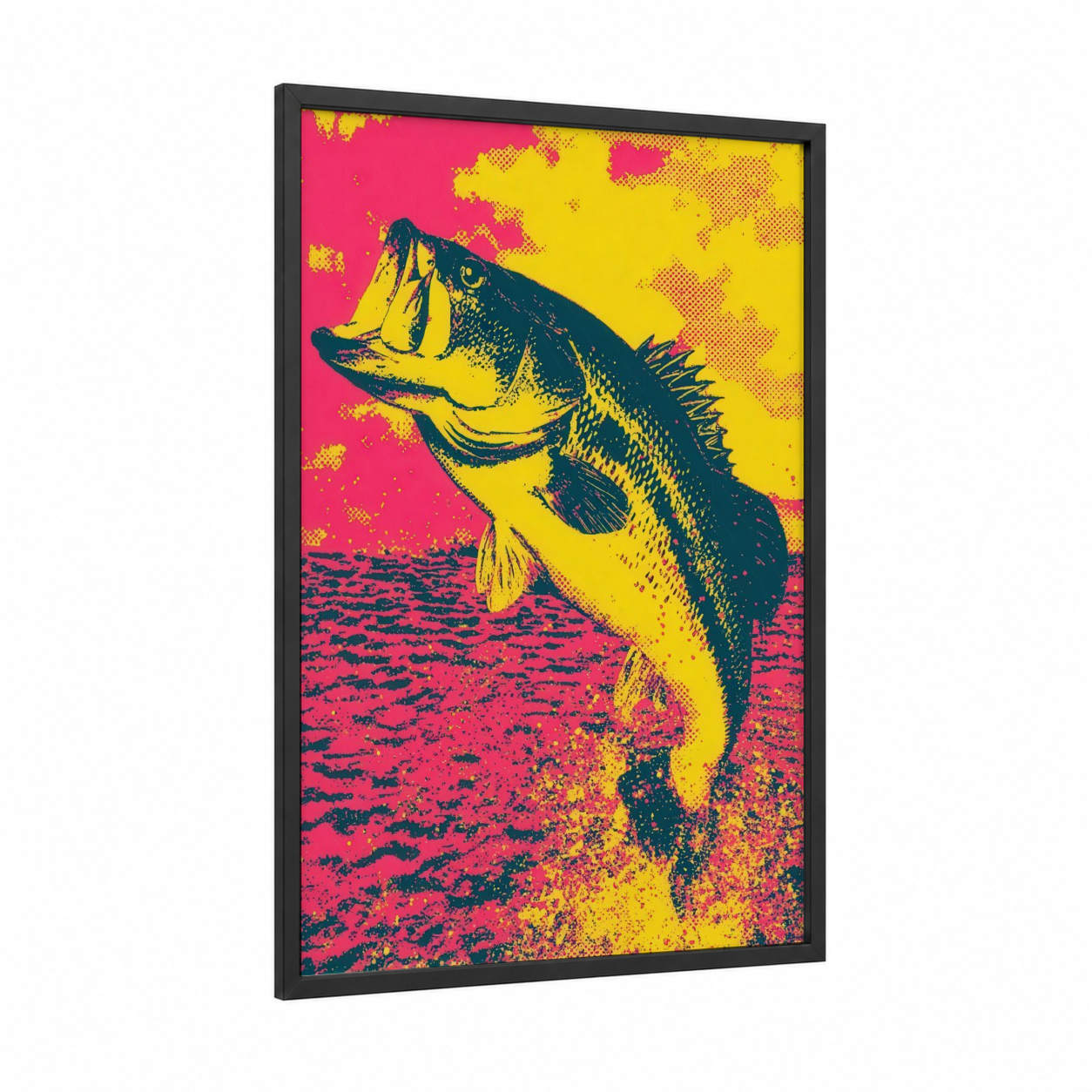 Jumping Bass framed art print — black wood frame — magenta and yellow gold palette