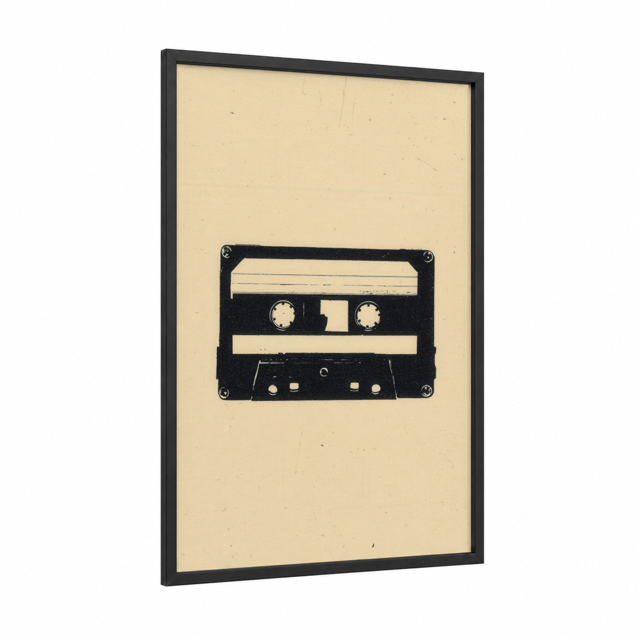 Vintage Cassette framed casette print — black wood frame — black and white and cream palette