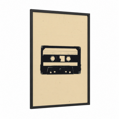 Vintage Cassette framed casette print — black wood frame — black and white and cream palette