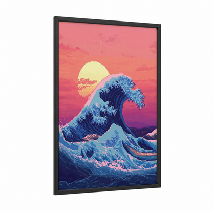 Pixel Ocean Sunset framed seascapes and ocean print — black wood frame — blue and pink palette