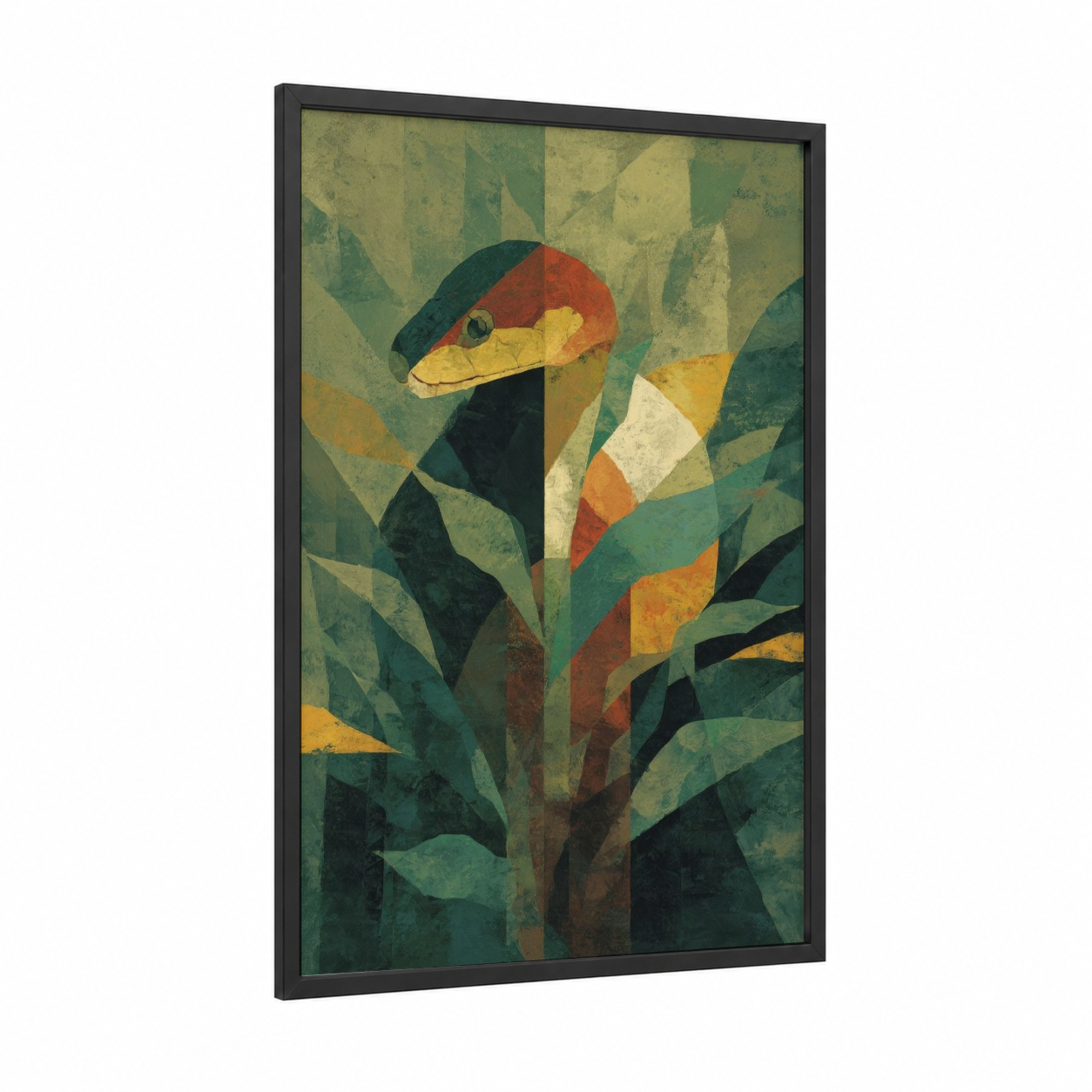 Geometric Boa framed boa constrictor print — black wood frame — dark green palette