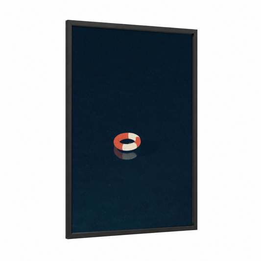 Floating Rescue Ring framed life ring print — black wood frame — dark blue and red palette
