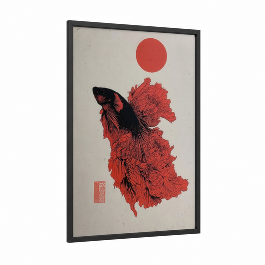 Crimson Fighting Fish framed art print — black wood frame — red and black and white palette