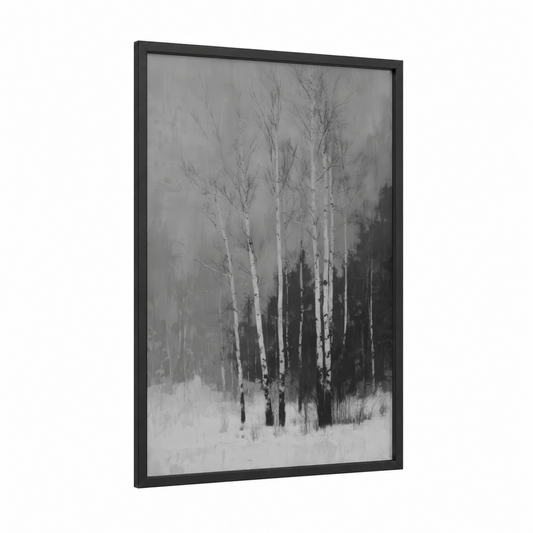 Snowy Birch Forest framed birch tree print — black wood frame — gray and white and black and white palette