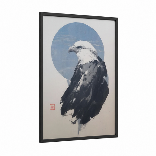 Majestic Eagle Portrait framed art print — black wood frame — blue and black and white palette