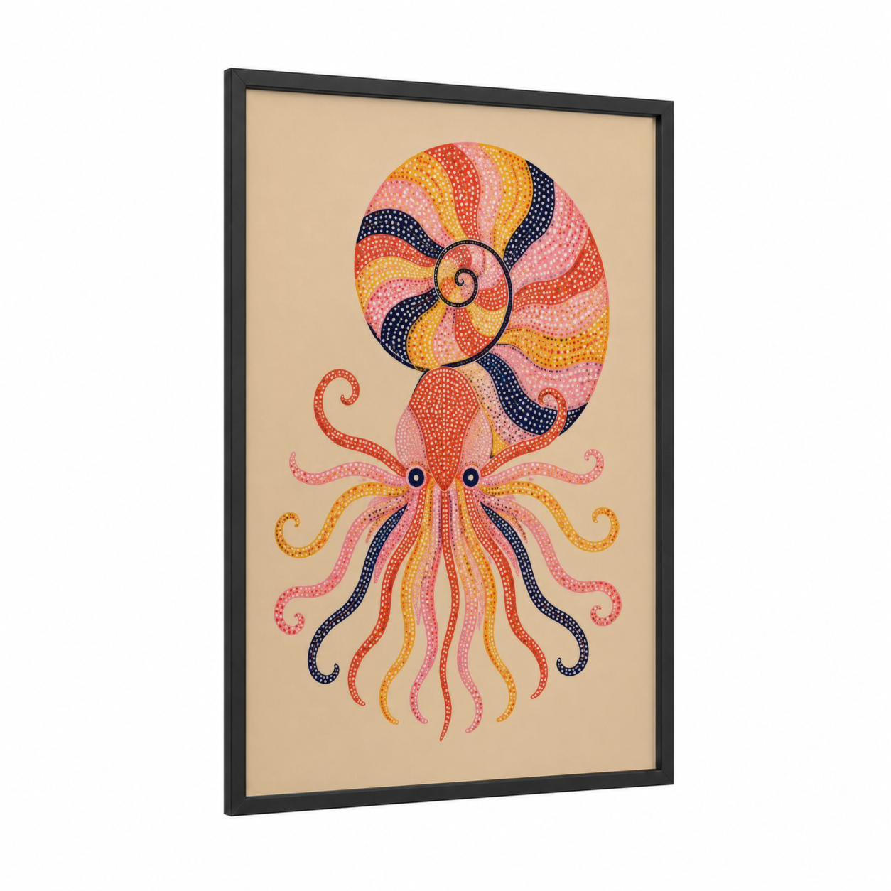 Nautilus Octopus Dotted Art Wall Art framed art print — black wood frame — salmon pink and gold palette