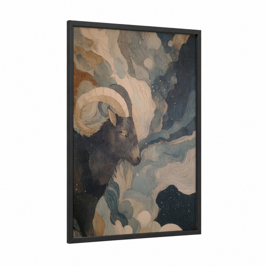 Celestial Capricorn framed art print — black wood frame — beige and dove gray palette