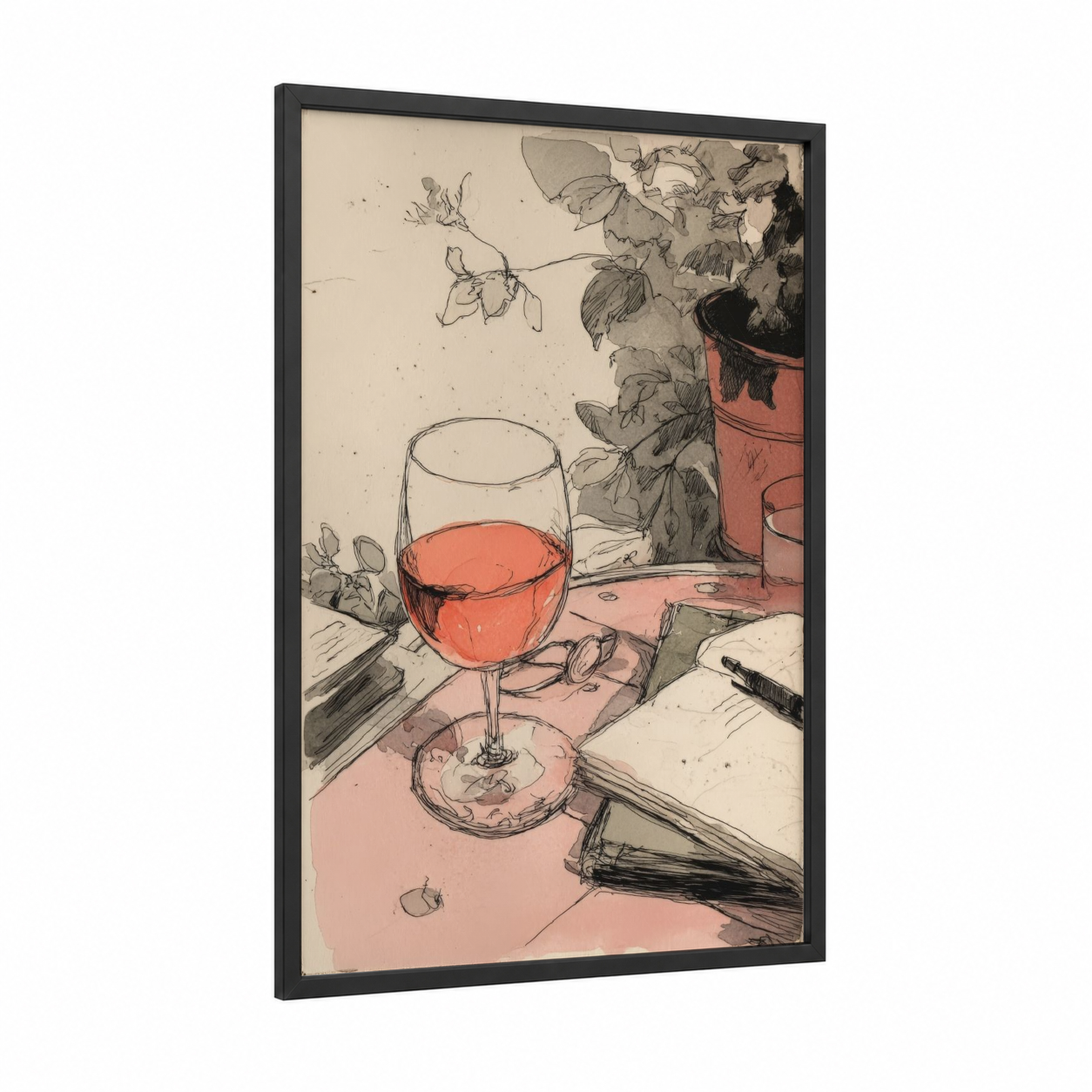 Rosé Wine Study framed rose wine print — black wood frame — salmon pink and gray palette