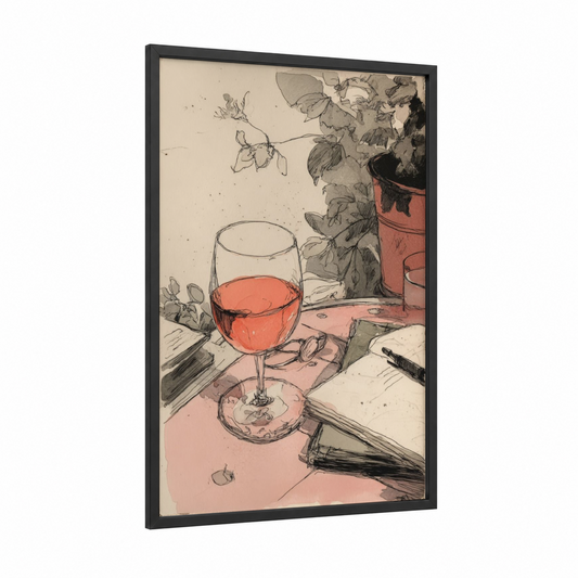 Rosé Wine Study framed rose wine print — black wood frame — salmon pink and gray palette