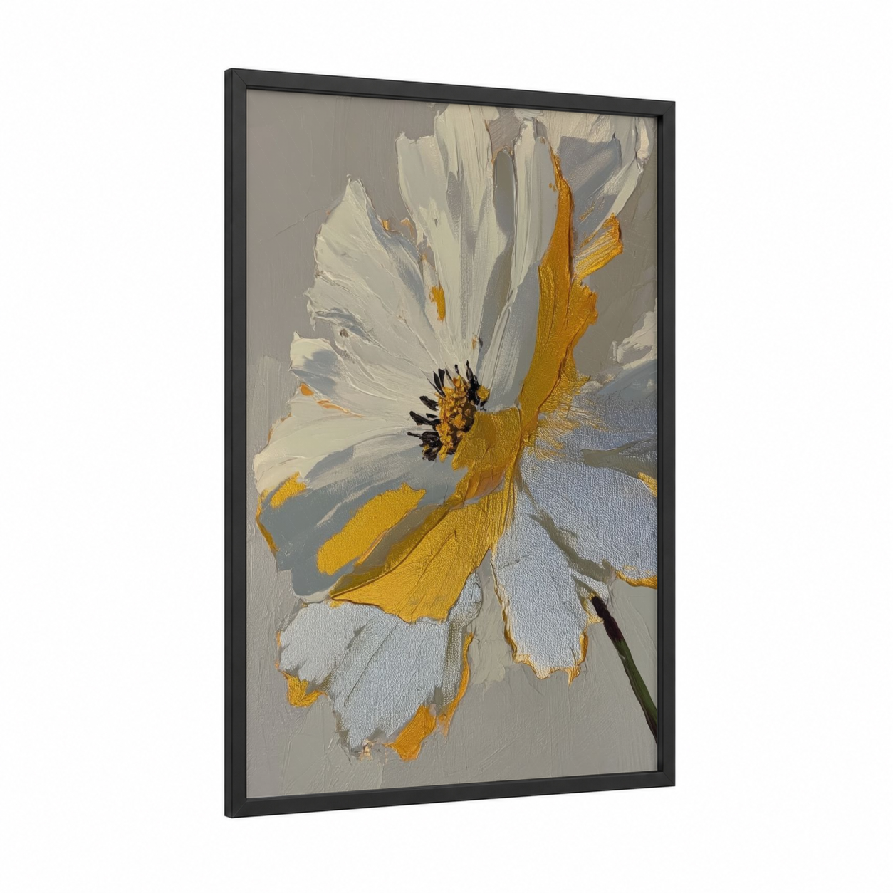 Golden Daisy Study framed abstract flower print — black wood frame — gold and white palette