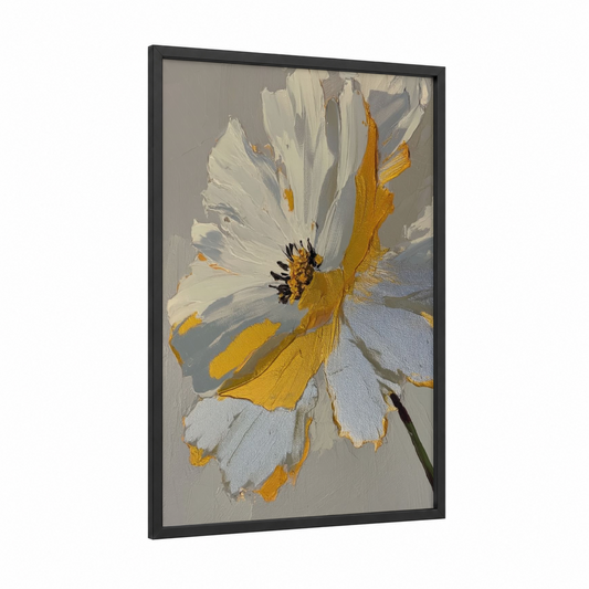 Golden Daisy Study framed abstract flower print — black wood frame — gold and white palette