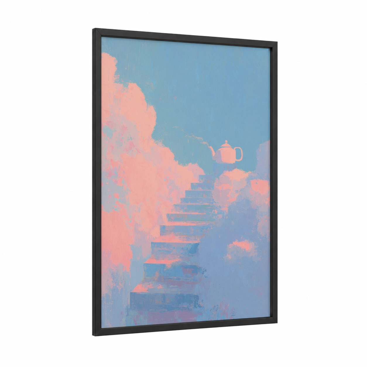 Celestial Staircase framed art print — black wood frame — peach and blue palette