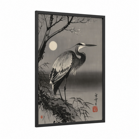Moonlit Heron framed art print — black wood frame — black and white palette