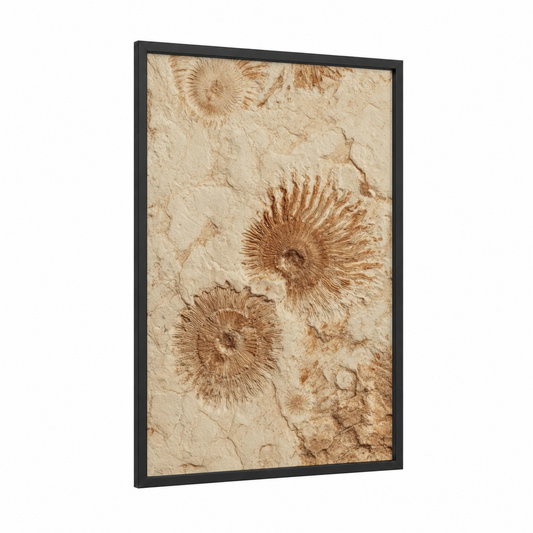 Ancient Fossil Impressions framed natural stones print — black wood frame — beige and russet palette