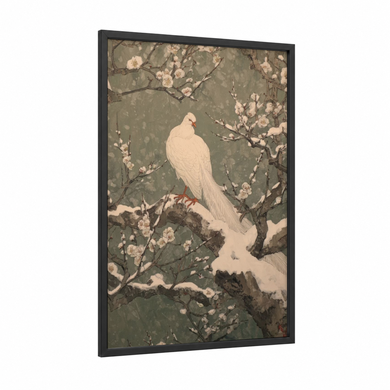 Snowy Phoenix Bloom framed art print — black wood frame — sage green and cream palette
