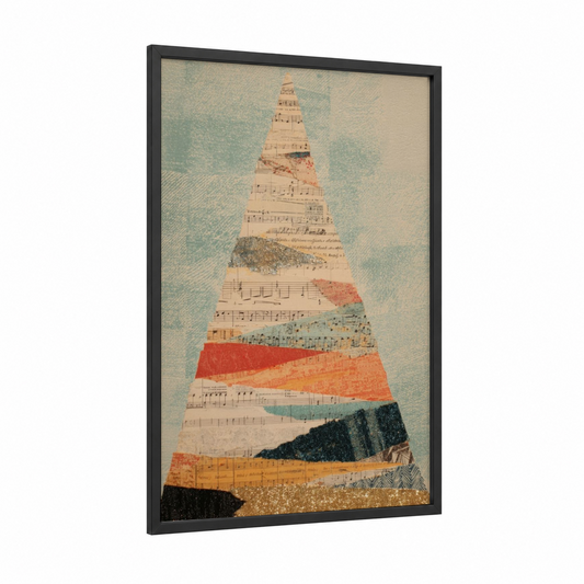 Musical Christmas Tree framed art print — black wood frame — cream and teal palette
