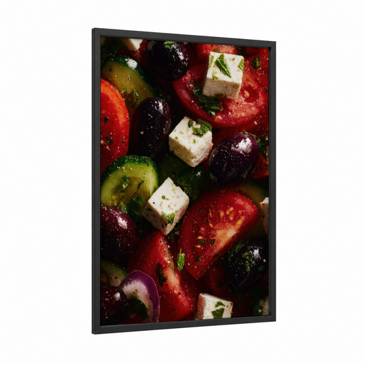 Mediterranean Salad Bowl framed art print — black wood frame — red and green palette