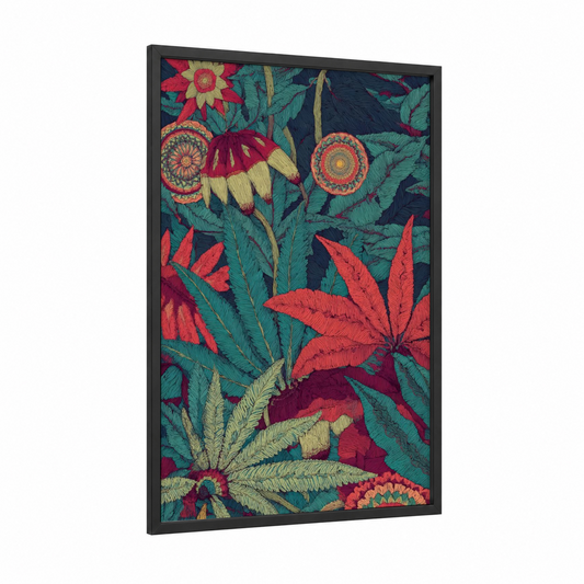 Crimson Cannabis Garden framed art print — black wood frame — maroon and teal palette