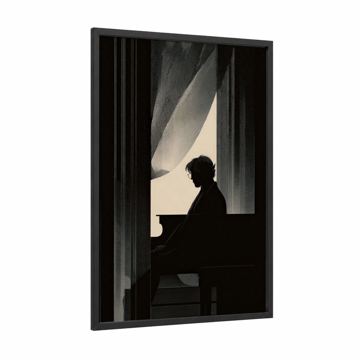 Contemplative Pianist framed musician print — black wood frame — black and white and cream palette