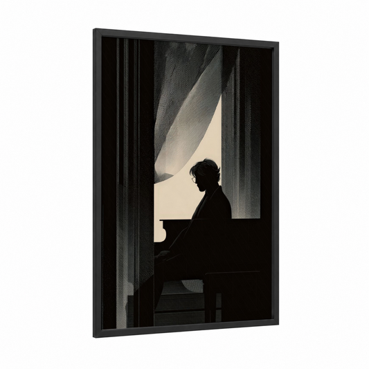 Contemplative Pianist framed musician print — black wood frame — black and white and cream palette